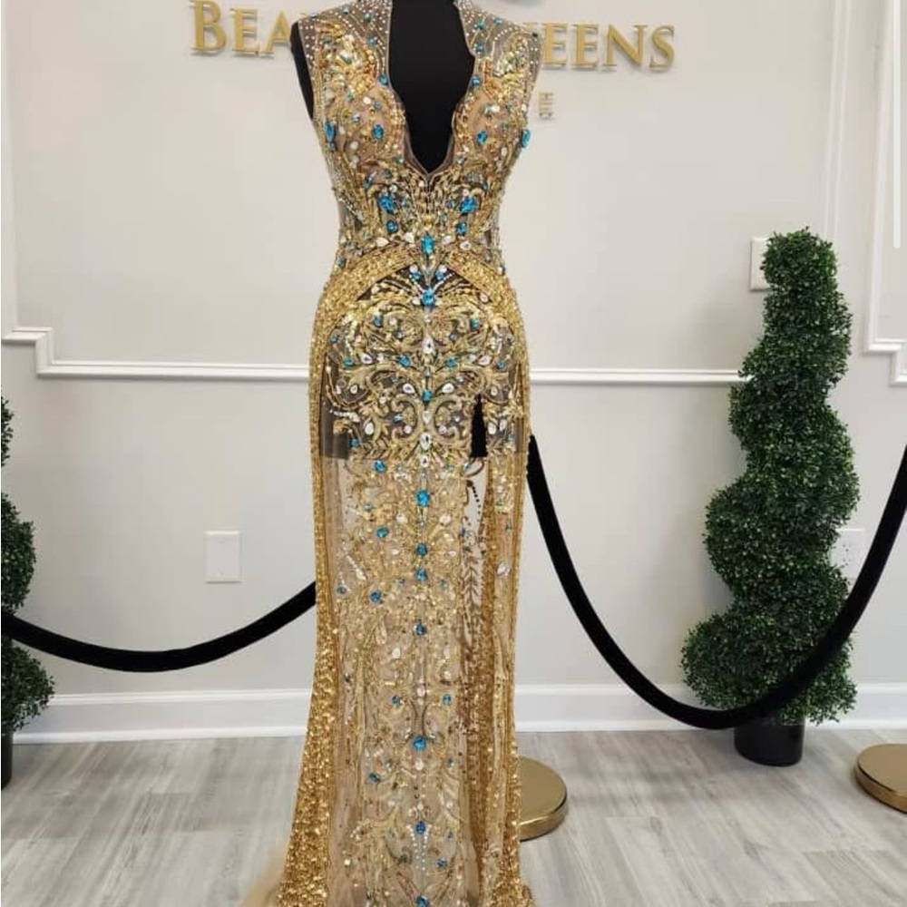 Elegant Gold and Blue Embellished Evening Gown